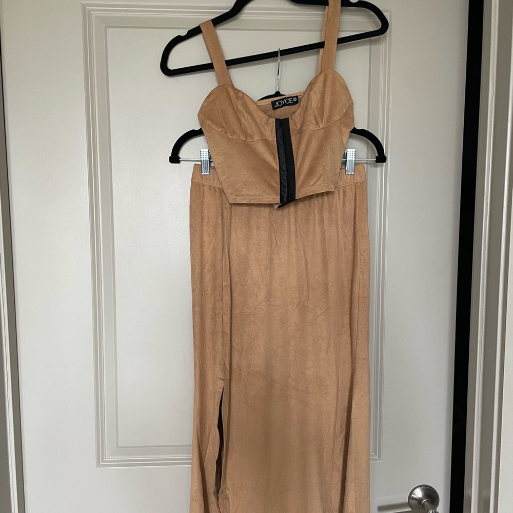 Tan suede, crop tank/maxi skirt set. Size small. From Snooki shop.
